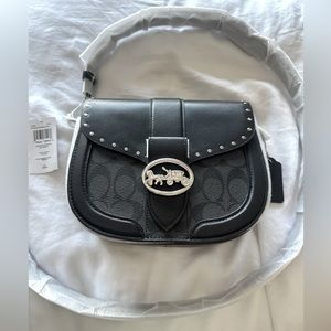 Coach C3593 Signature Colorblock Rivet Georgie Saddle Crossbody Handbag Graphite